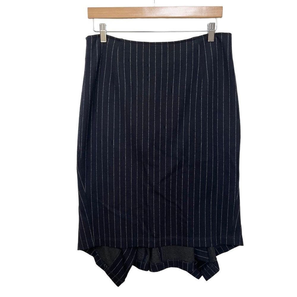 Max Mara Pencil Skirt Pin Stripe Ruffle Dark Navy Blue Designer Workwear size 46